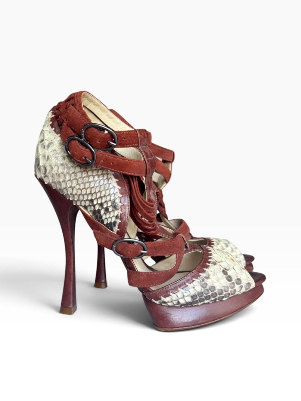 Alexandre Birman Multicolor Python and Leather Peep Toe Platform Sandals